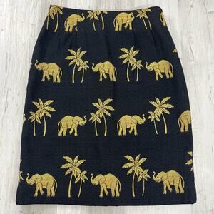 Vintage Steven Stolman Black Navy Gold Elephant Palm Tree Straight Pencil Skirt
